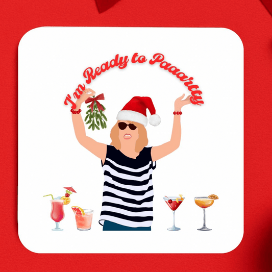 Fun party drink coasters featuring a festive woman in a Santa hat ready to party with cocktails for Christmas.