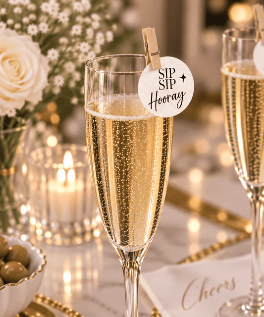 Sip Sip Hooray Edible Cocktail Toppers on a champagne glass with a festive backdrop and celebration elements.