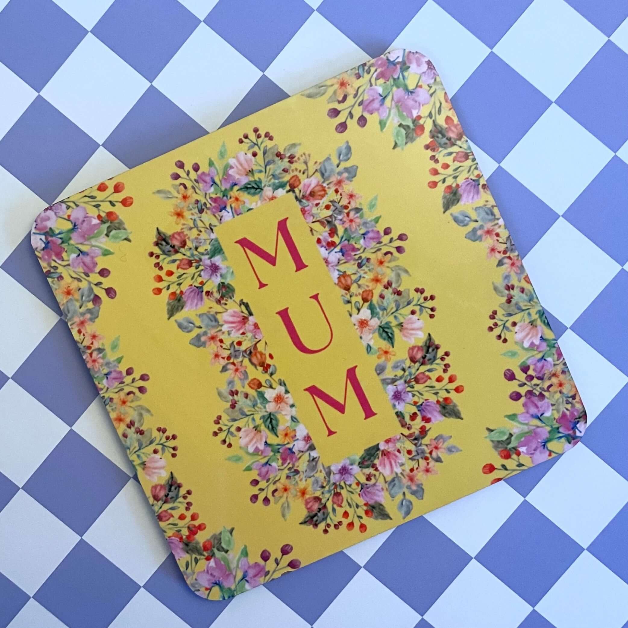 Blooms For Mum Floral Drink Coaster, vibrant yellow coaster with floral design, perfect for coffee tables.