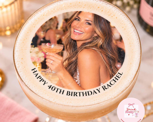 Upload your own birthday photo Edible Cocktail Toppers featuring a custom image and birthday message.