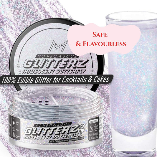 Iridescent Butterfly edible drink shimmer in jar, perfect for cocktails and cakes, safe and flavorless glitter for festive drinks.