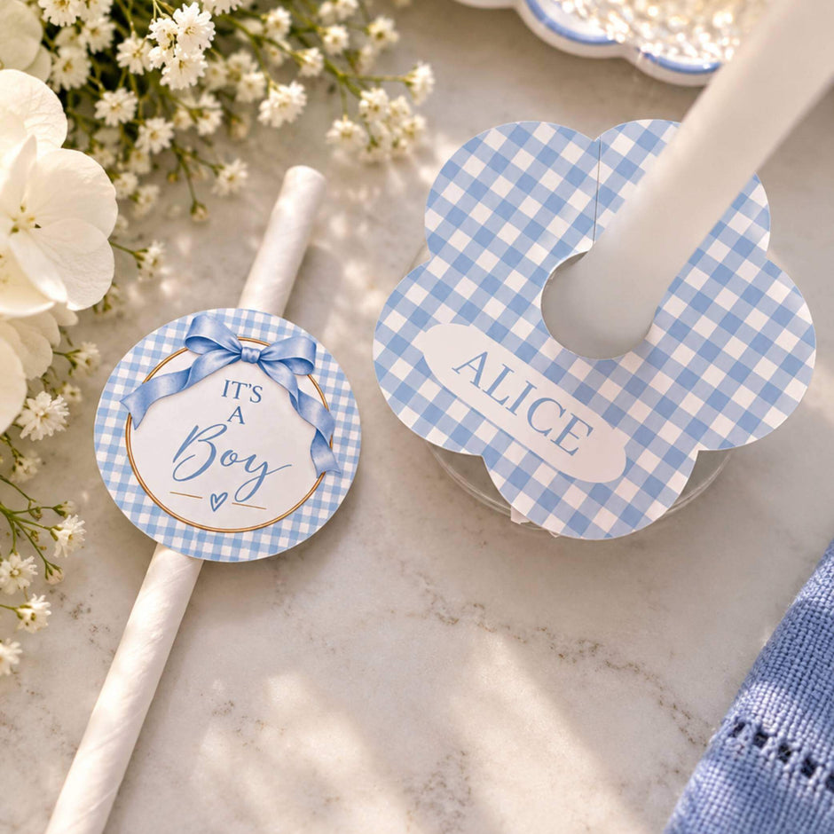 Gingham blue personalised name drink identifiers featuring a baby shower theme with 'It's a Boy' and the name Alice.