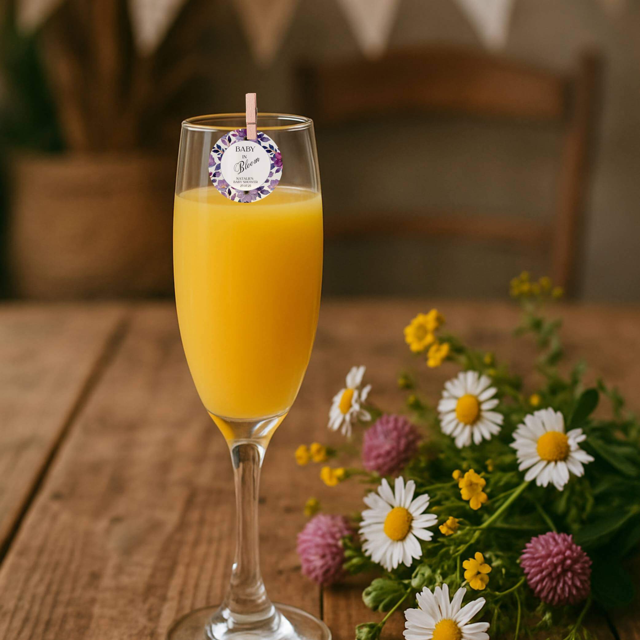 ‘ Baby In Bloom’ Baby Shower- Edible Drink Toppers-Purple Bloom