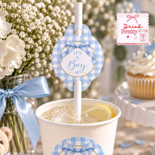 It's A Boy Straw Toppers on a white cup with a blue gingham design for a baby shower celebration.