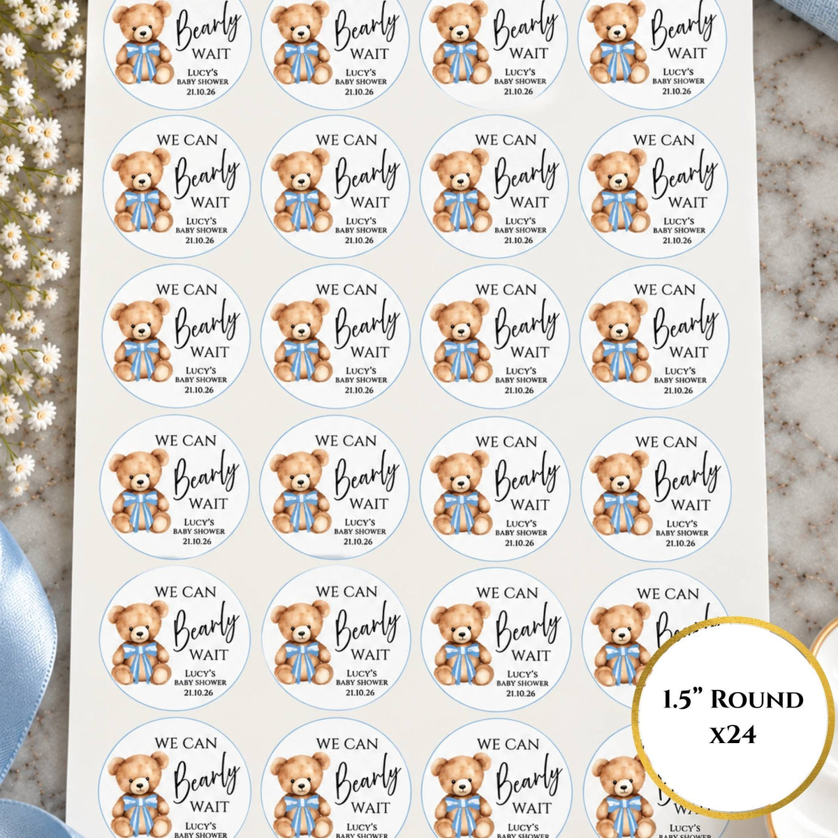 We Can Bearly Wait Blue Baby Shower Cup & Favour Stickers