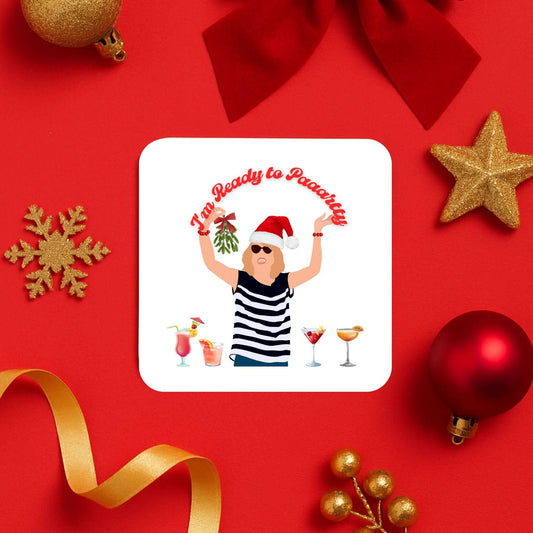 Fun party drink coasters with a festive design for Christmas parties, featuring a character ready to celebrate.