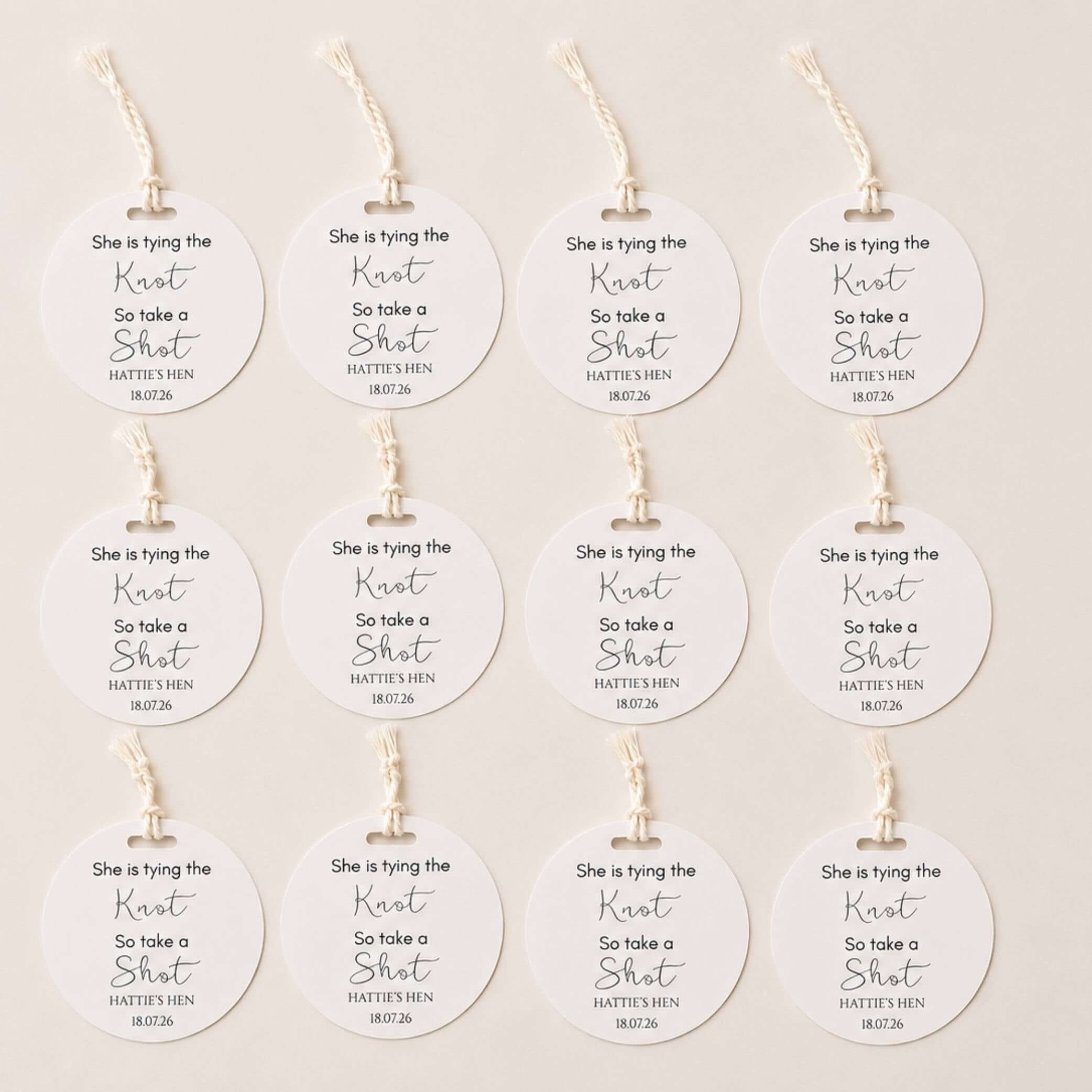She is tying the knot bottle favour tags for hen do celebrations, pack of 12 personalized tags.