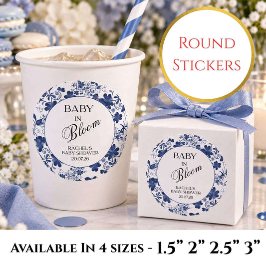 Baby In Bloom Blue Baby Shower Cup & Favour Stickers