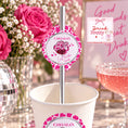 Load image into Gallery viewer, Last Rodeo Paper Straw Toppers in a festive cup with pink decor for a hen party celebration.
