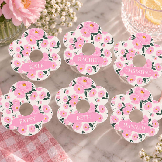 Pink Baby In Bloom Personalised Name Drink identifiers- Pack of 6