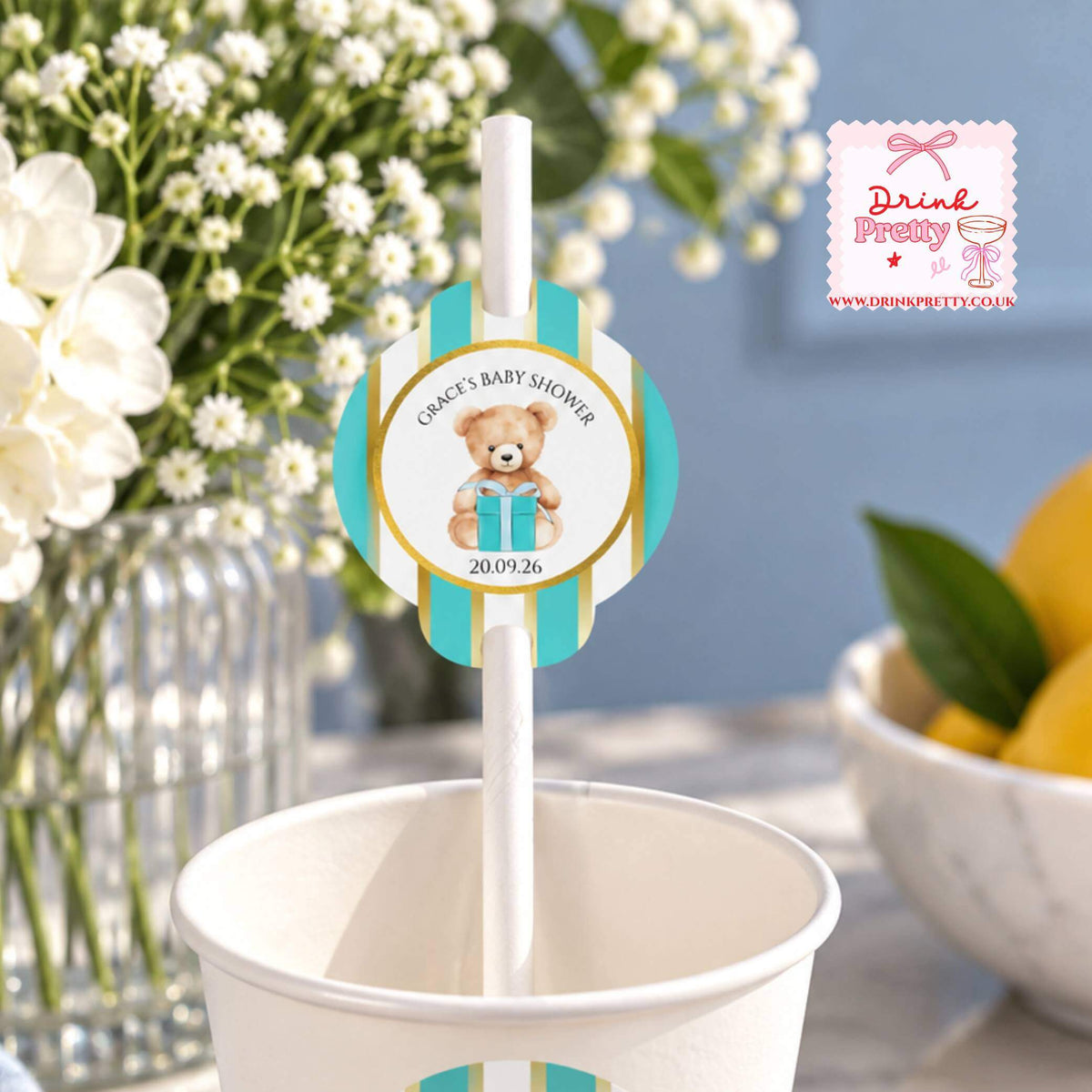 Tiffany Blue bear personalised straw toppers in a cup for Grace's baby shower celebration.