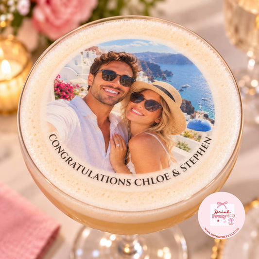 Personalised wedding photo cocktail toppers with custom photo for engagement celebration.