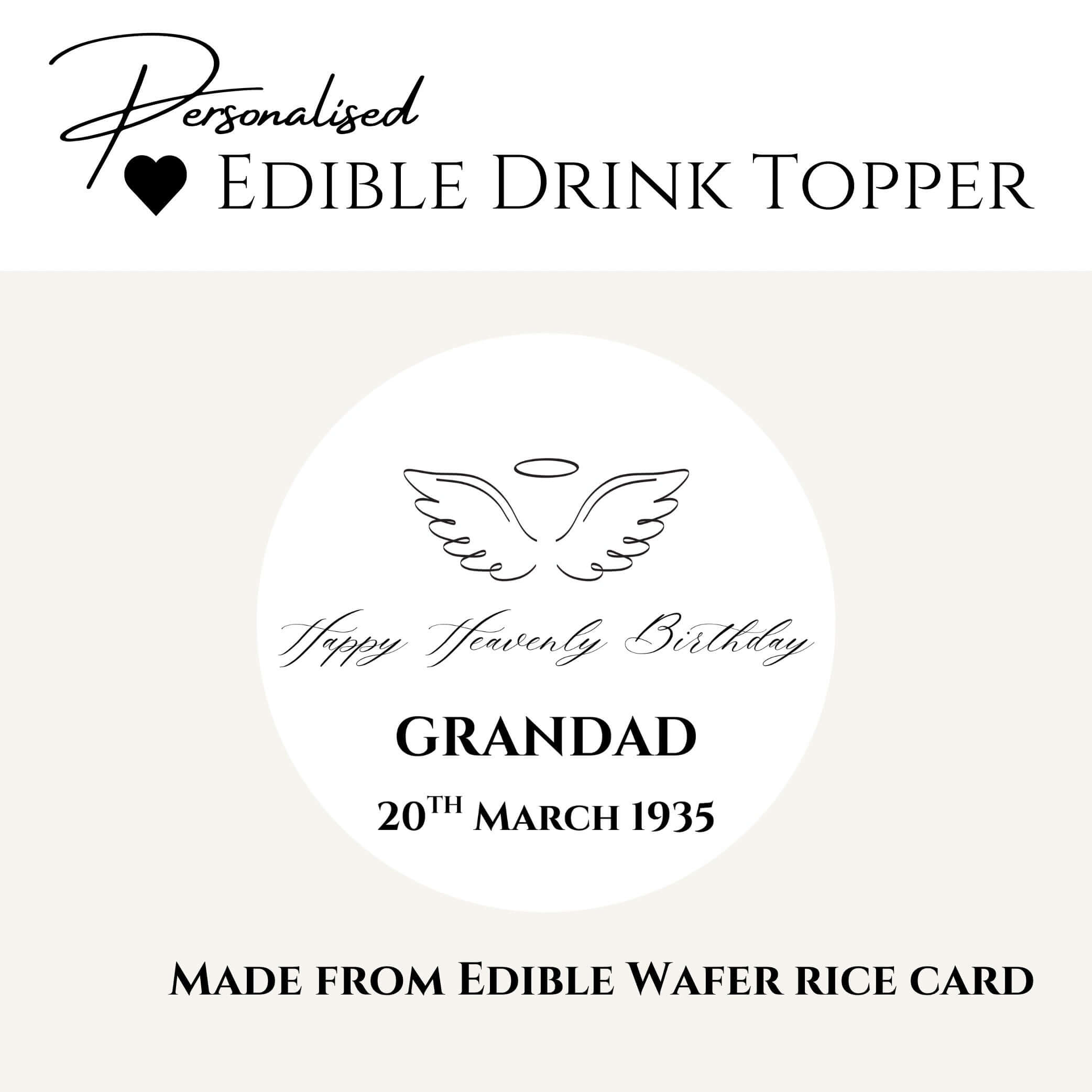 Happy Heavenly Birthday Edible Wafer Drink Toppers design featuring angel wings and personalized text for Grandad.