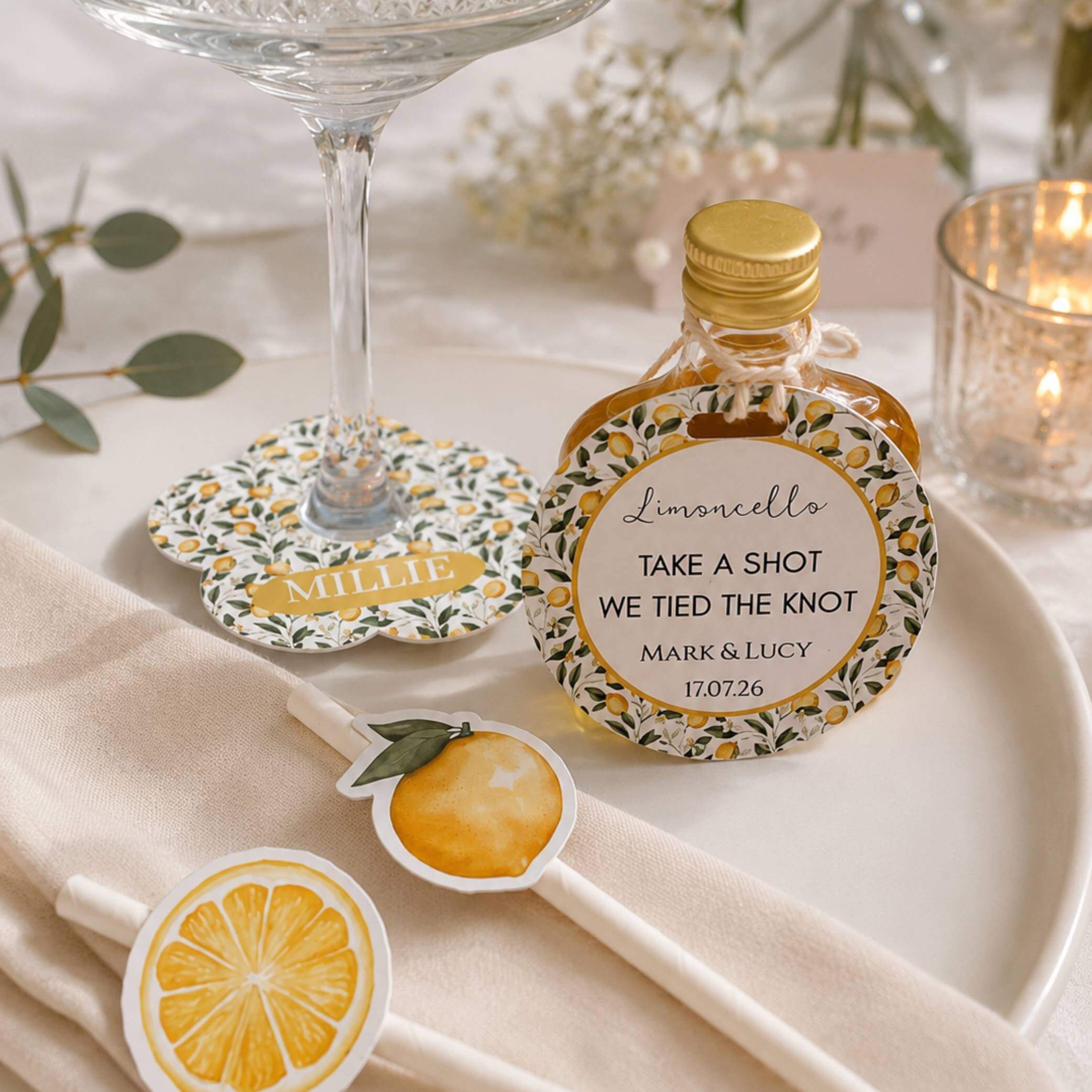 Limoncello Paper Straw Toppers Pack of 12 with decorative Limoncello-themed details at a wedding celebration.