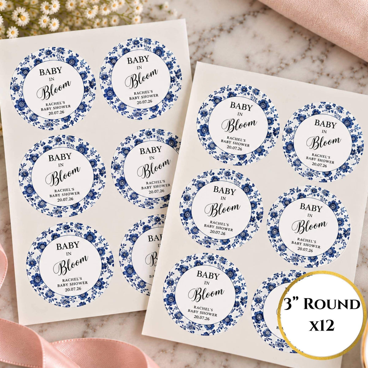Baby In Bloom Blue Baby Shower Cup & Favour Stickers