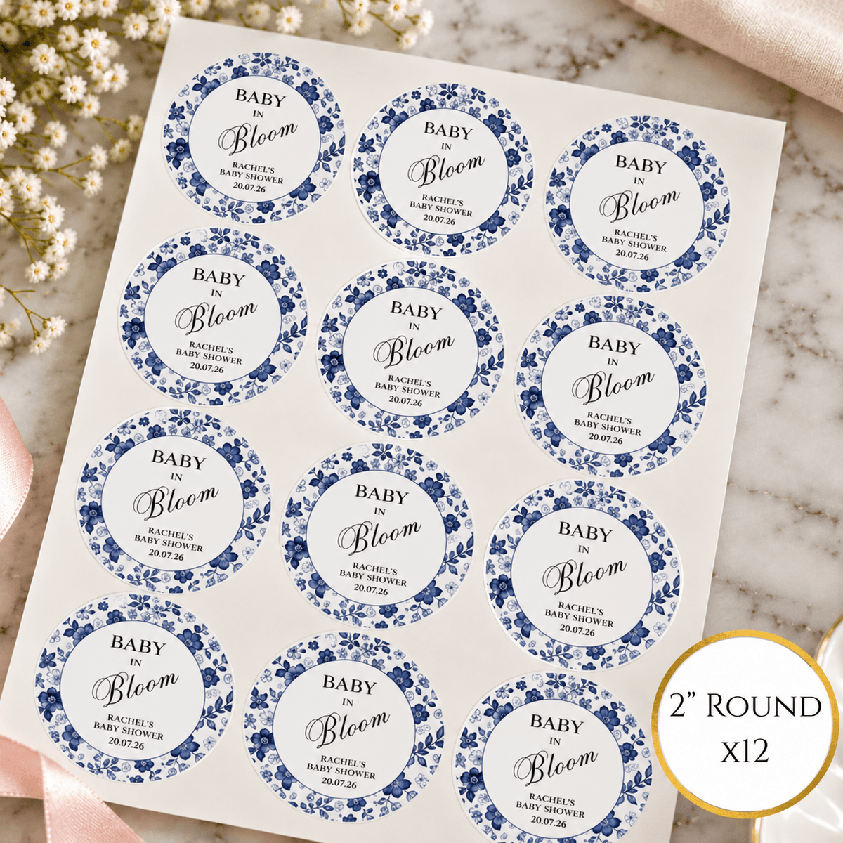 Baby In Bloom Blue Baby Shower Cup & Favour Stickers
