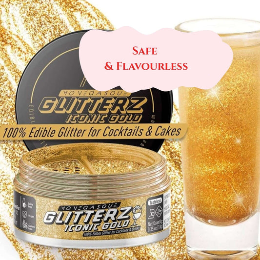 Edible drink shimmer in a jar beside a glass, featuring gold glitter for cocktails and cakes, labeled safe and flavourless.