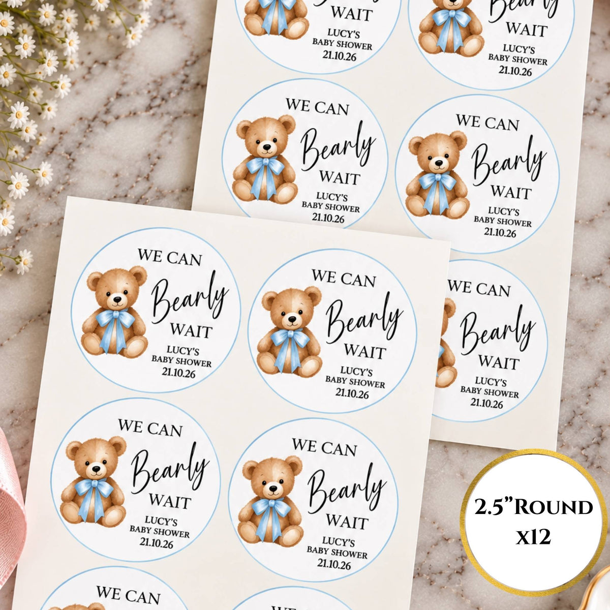 We Can Bearly Wait Blue Baby Shower Cup & Favour Stickers