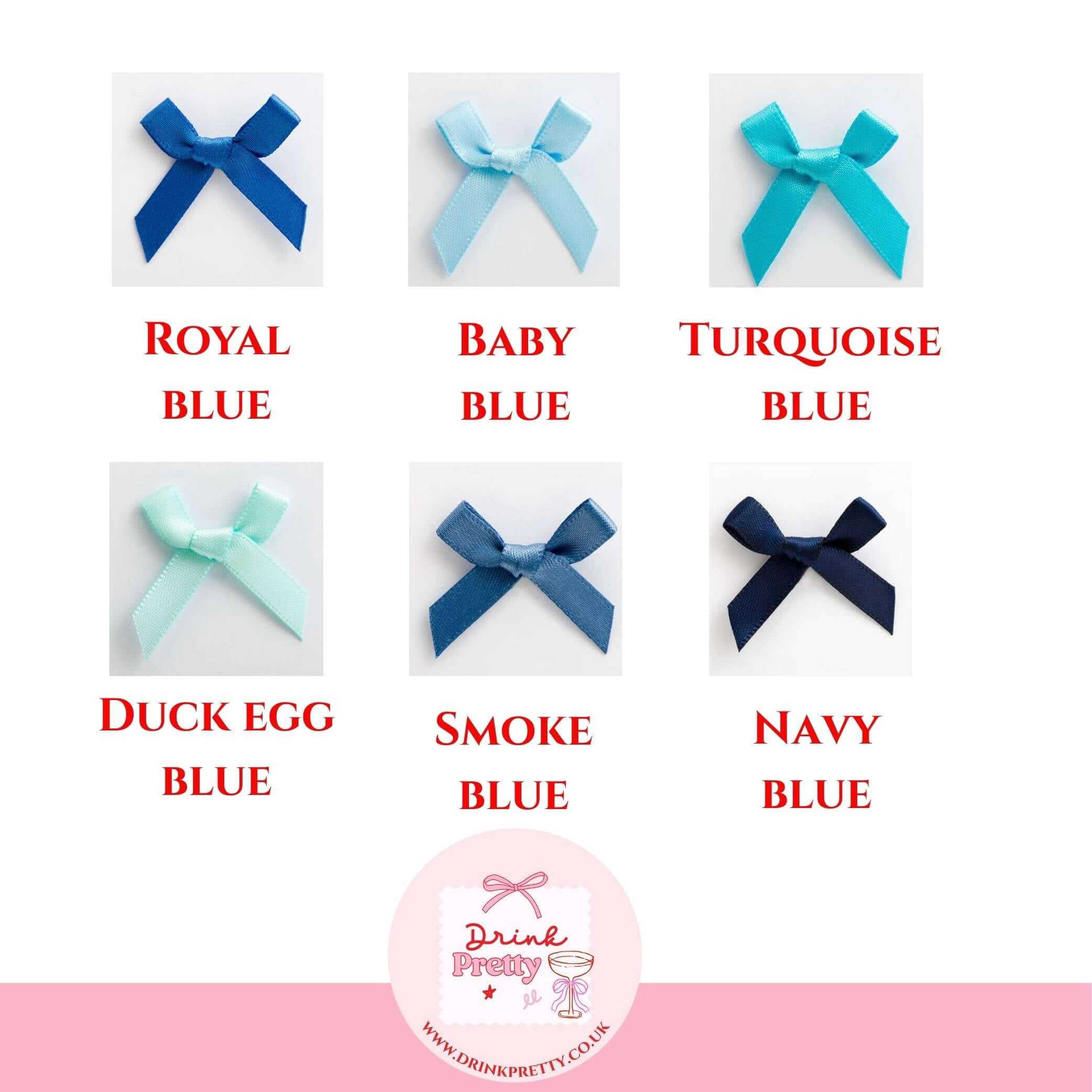 Personalised wine charms in different shades: Royal blue, Baby blue, Turquoise blue, Duck egg blue, Smoke blue, Navy blue.