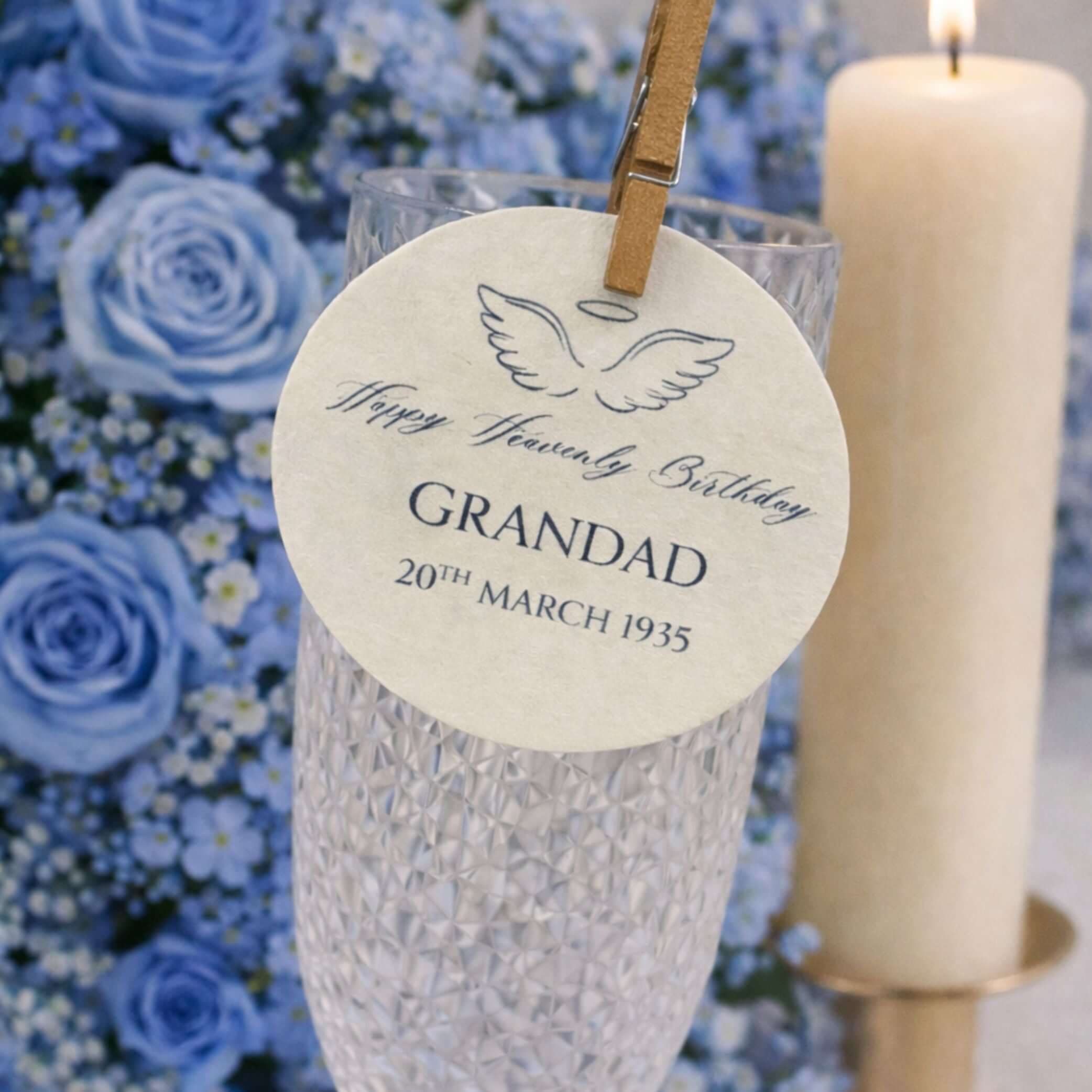 Happy Heavenly Birthday Edible Wafer Drink Toppers with heartfelt label for Grandad on a champagne flute.