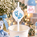 Load image into Gallery viewer, Blue Baby Shower Straw Toppers with baby feet design in a cup for a baby boy shower celebration.
