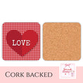 Load image into Gallery viewer, Red Gingham Love Coasters with heart design and cork backing for Valentine's Day celebrations
