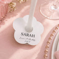Load image into Gallery viewer, Personalised white name card Occasion drink marker for event seating with name 'SARAH' displayed on a flower-shaped card.

