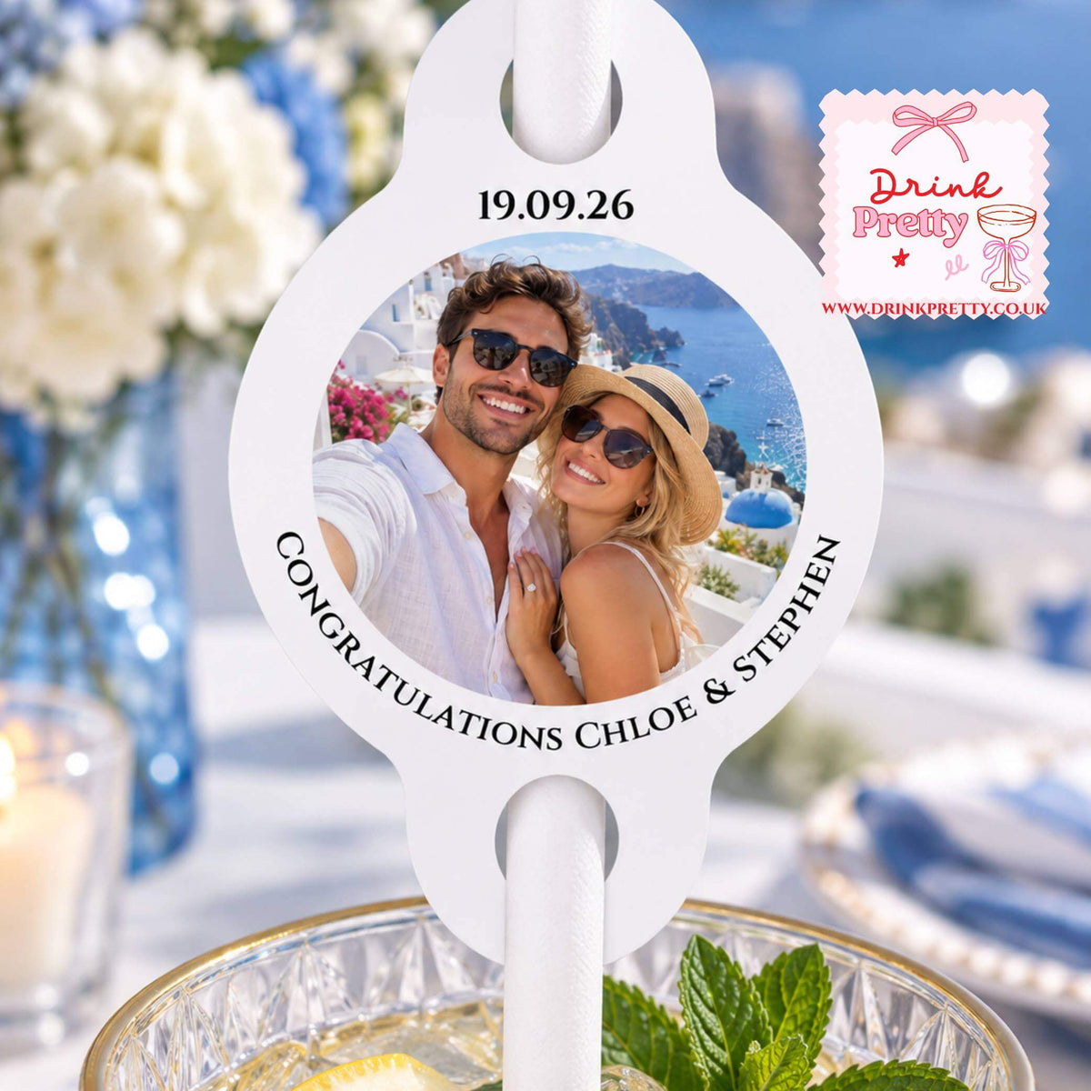 Upload your own photo party straws with custom topper for celebration featuring a happy couple and personalized text.