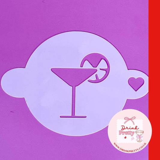 Reusable cocktail coffee stencils design featuring a martini glass and lemon slice on a purple background.