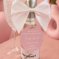 Load image into Gallery viewer, Baby Shower Name Pop The Fizz bottle favour tags on mini prosecco bottle with bow and tag celebrating new baby arrival.
