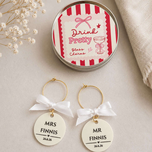 Mr & Mrs Personalised Bride & Groom Wine Glass Charm Set with custom charms and gift tin