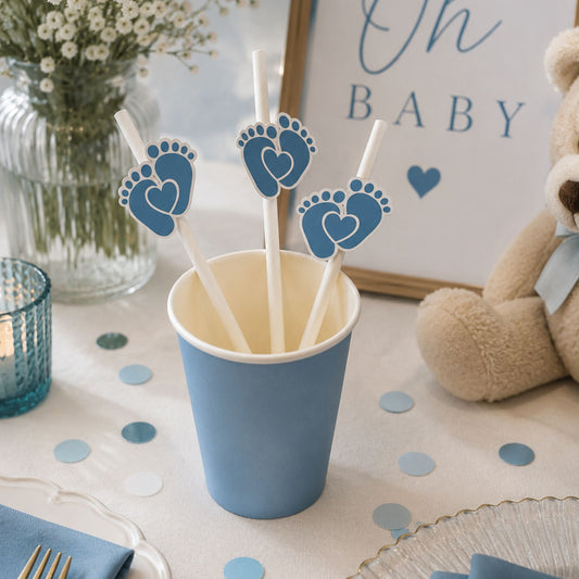Baby Feet Blue Pink Paper Straw Toppers Pack of 12