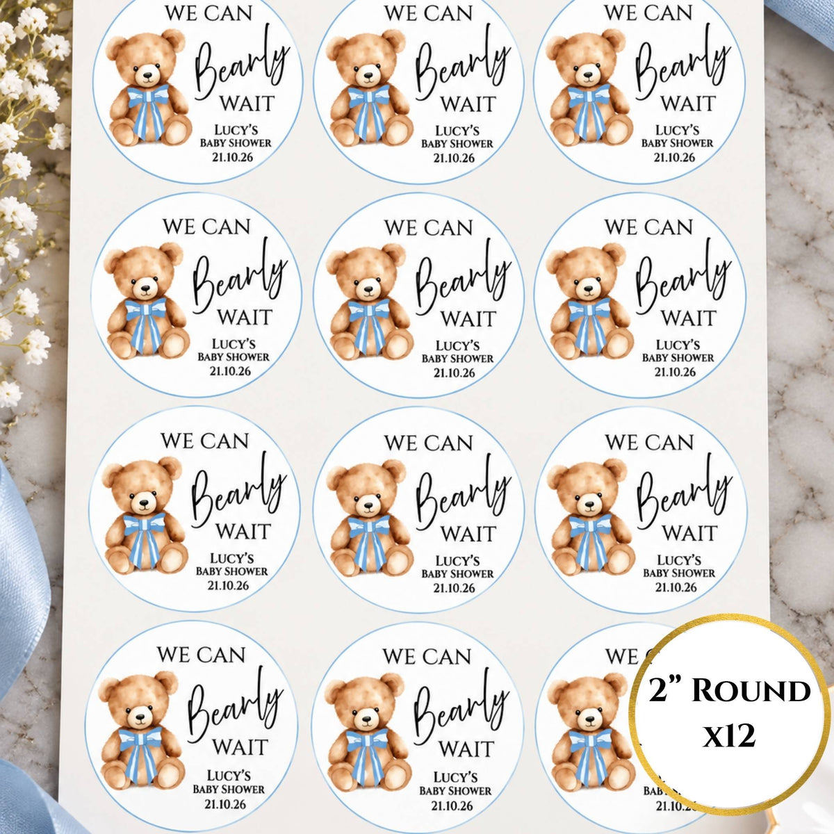 We Can Bearly Wait Blue Baby Shower Cup & Favour Stickers