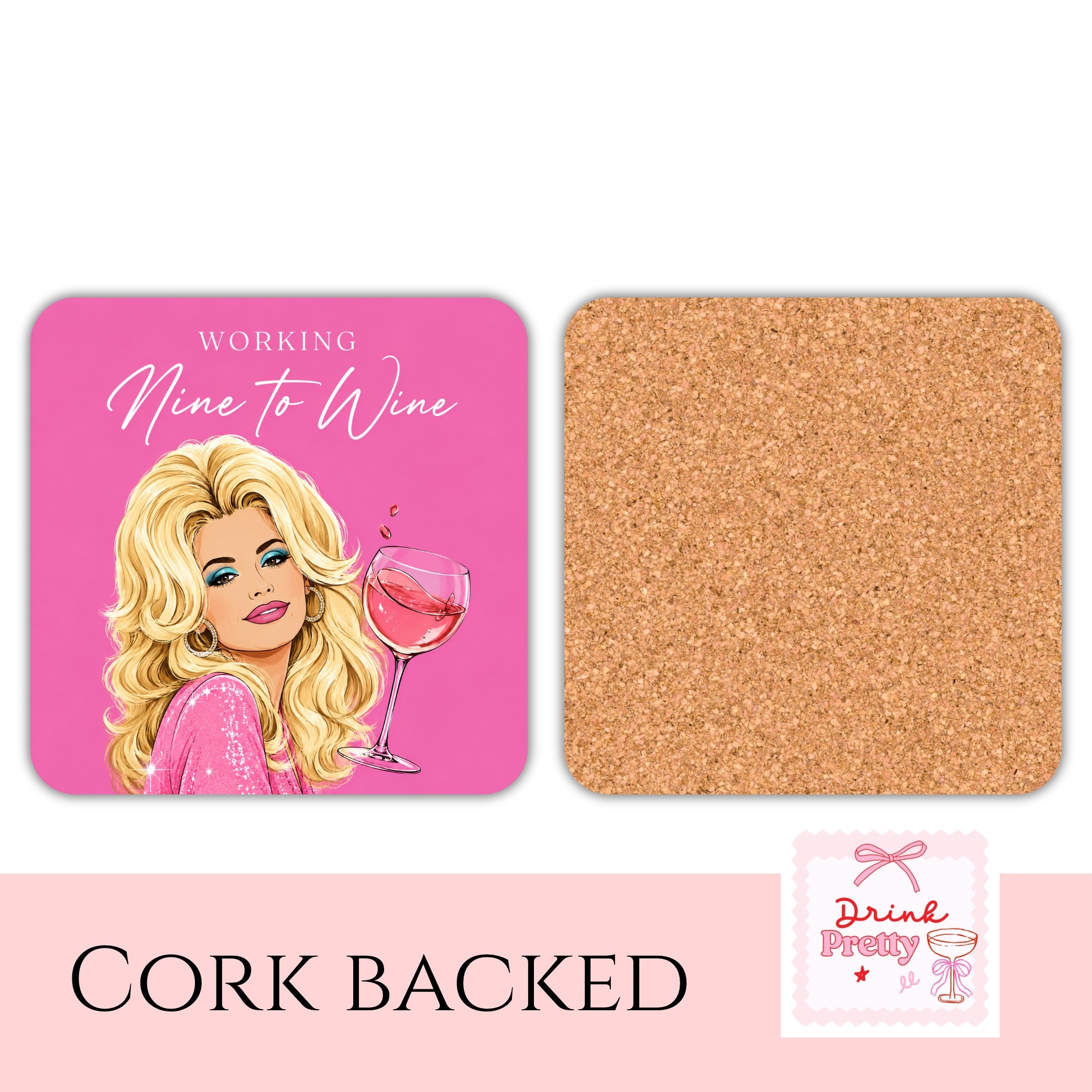 Working Nine To Wine Drink Coaster featuring a blonde woman with a wine glass, cork backed design for home decor.