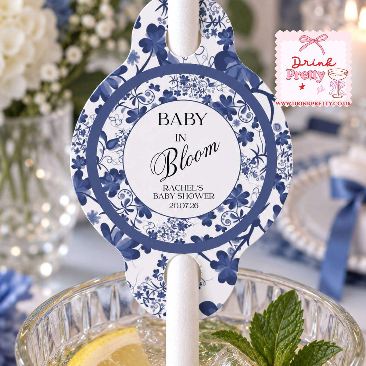 Baby in Bloom blue floral straw topper for drinks at a baby shower celebration.