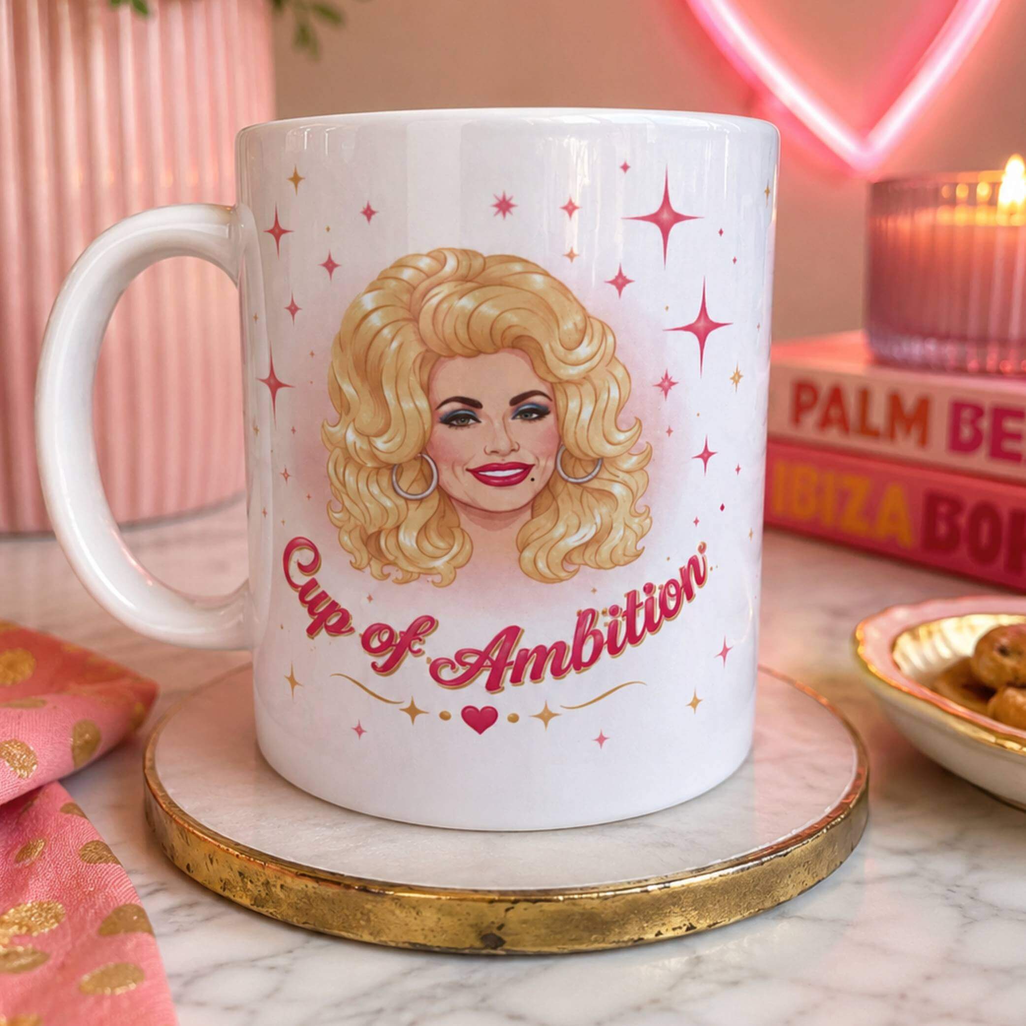 Cup Of Ambition Dolly Parton Mug featuring a vibrant illustration of Dolly Parton.