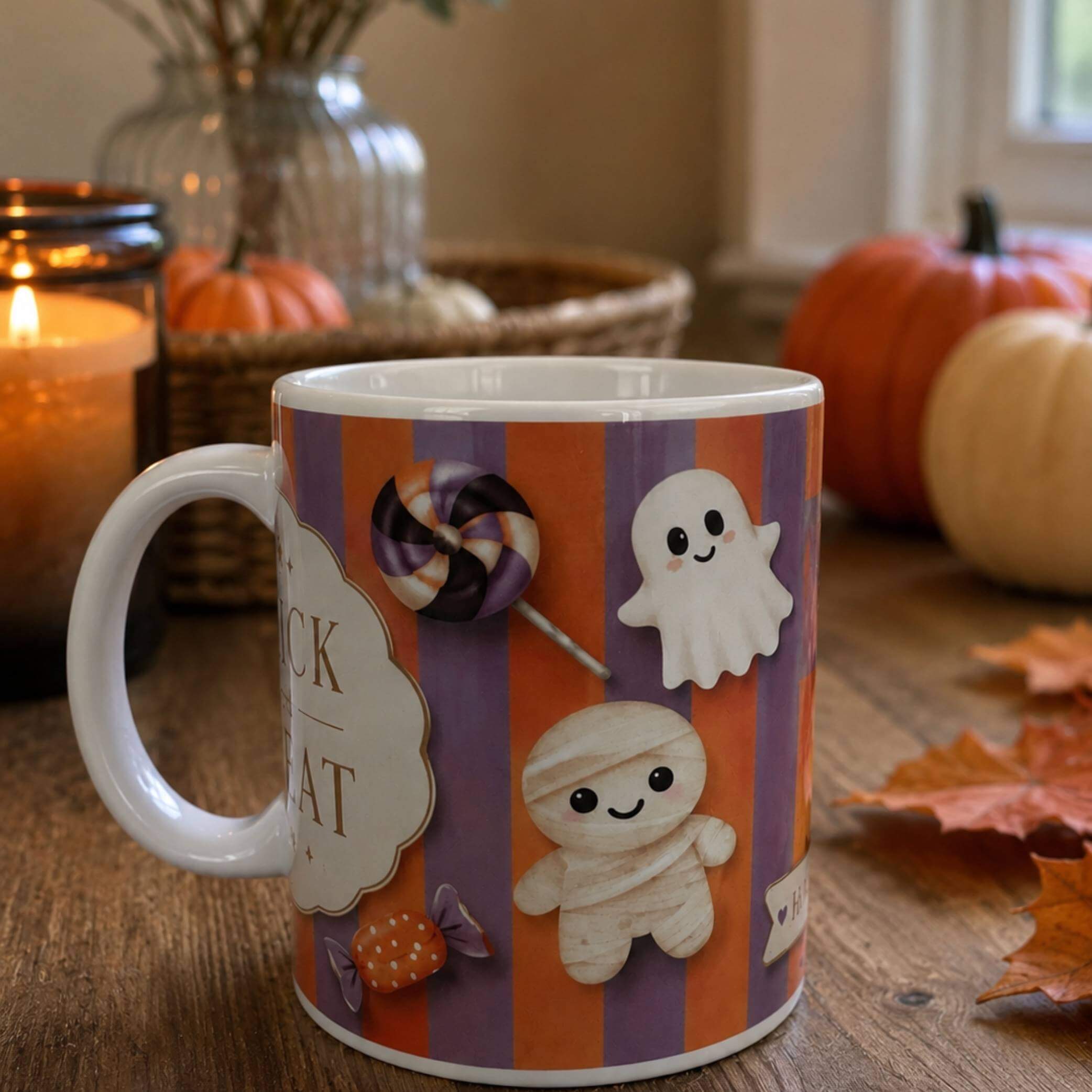 Boo Happy Halloween ceramic mug featuring playful ghosts, a mummy, and candy on a festive striped background.