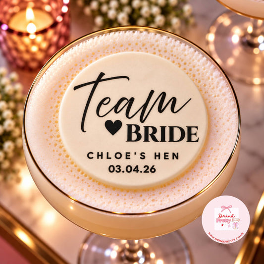 Team Bride Hen Party Edible Cocktail Toppers on a cocktail, personalized for Chloe's Hen, celebrating special moments.