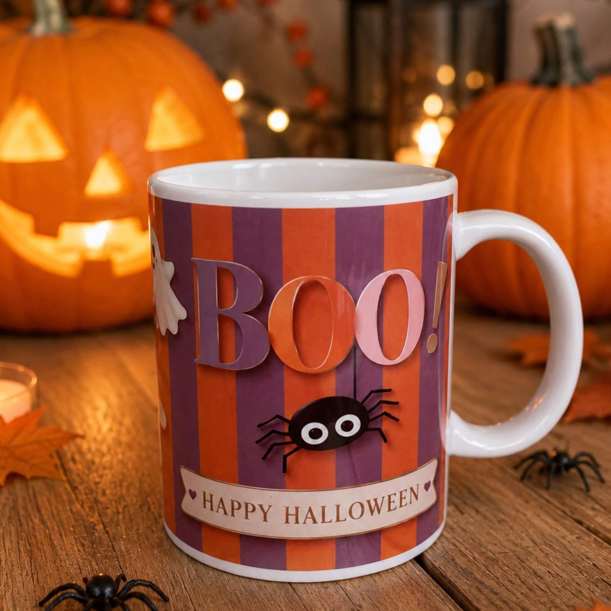 Boo Happy Halloween ceramic mug with playful design and festive colors, perfect for Halloween celebrations.