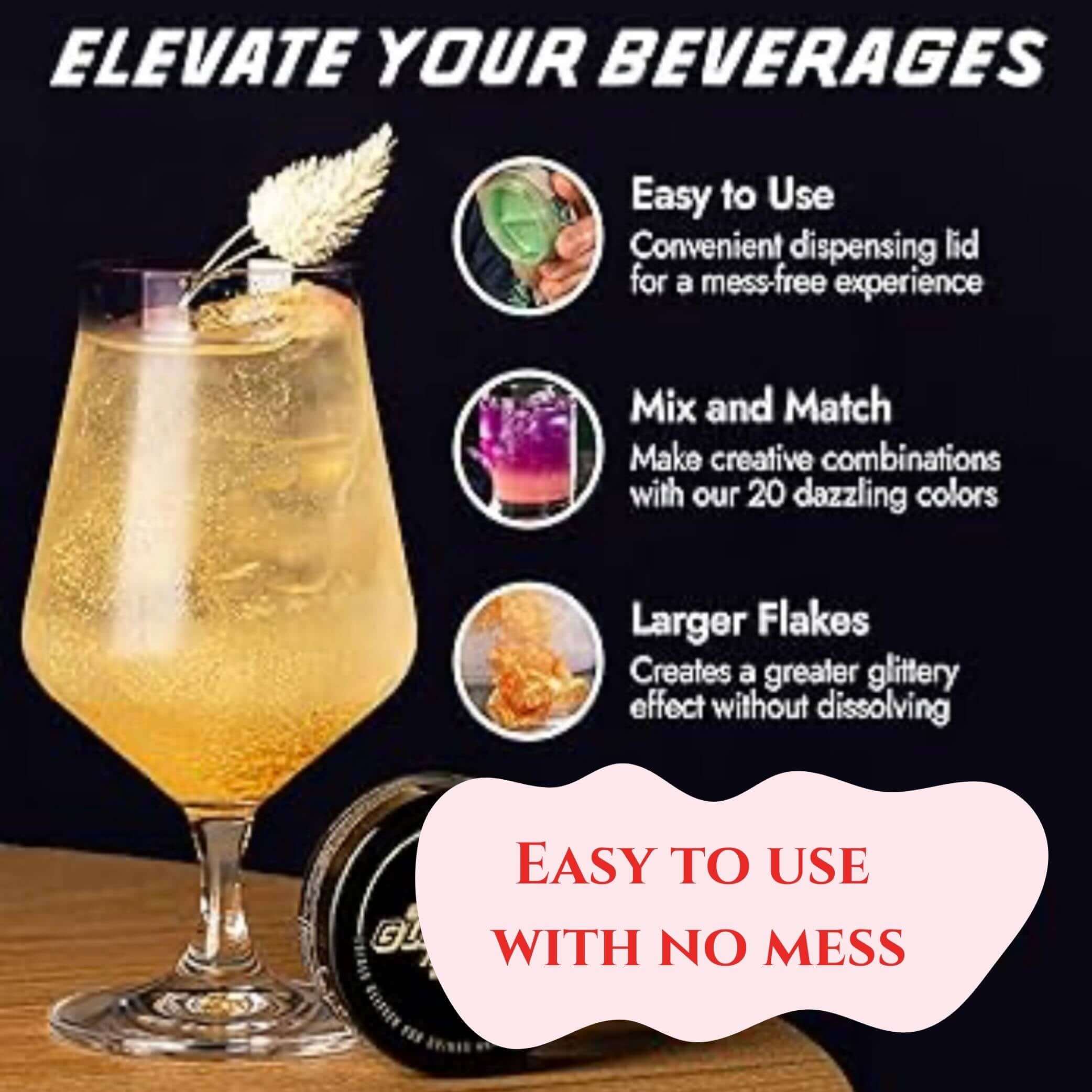 Golden shimmer drink with text highlighting features: easy to use, mix and match, larger flakes for glittery effect.