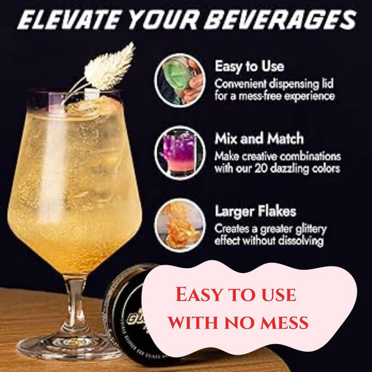 Golden shimmer drink with text highlighting features: easy to use, mix and match, larger flakes for glittery effect.