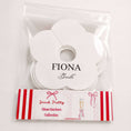 Load image into Gallery viewer, Wedding Attendees white personalised name drink marker in flower shape packaging with the name Fiona and 'Bride' designation.
