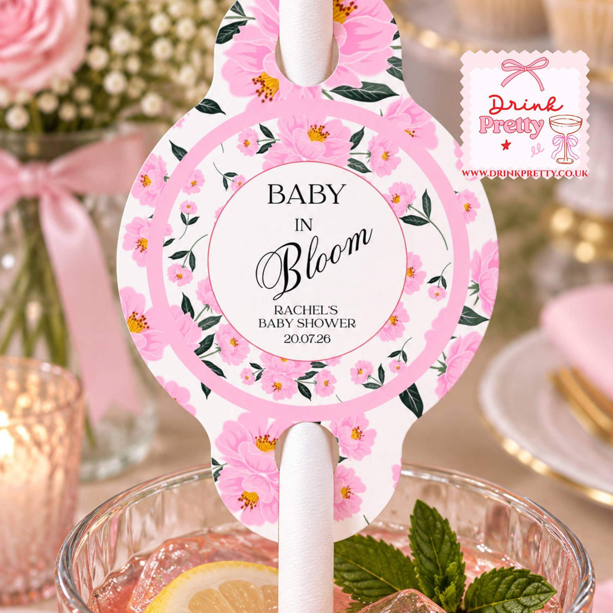 Baby In Bloom pink floral straw topper for drinks at a baby shower celebration.