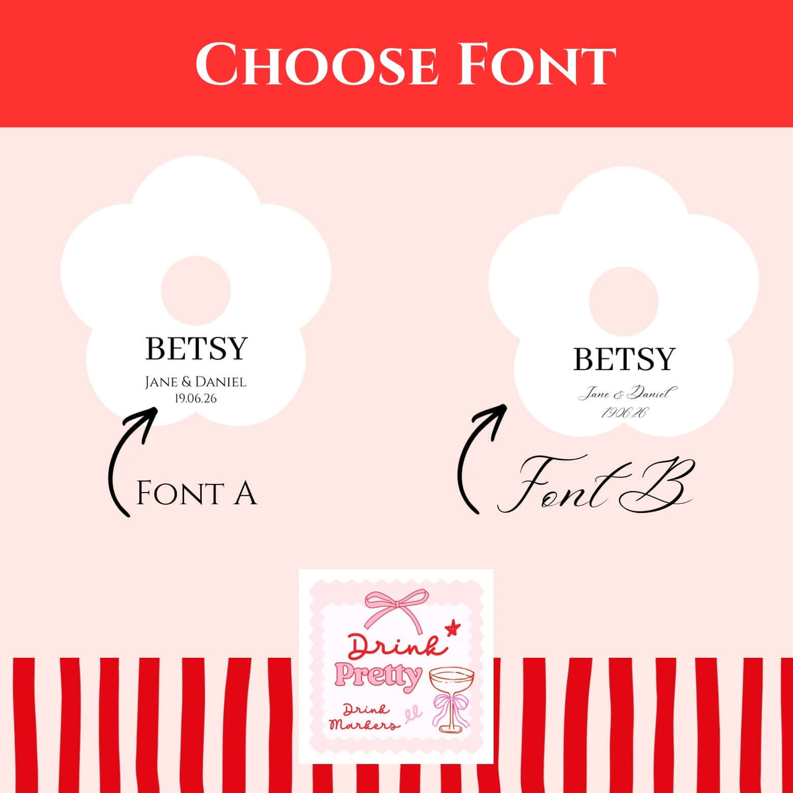 Personalised white name card Occasion drink marker font selection options A and B for event customization.
