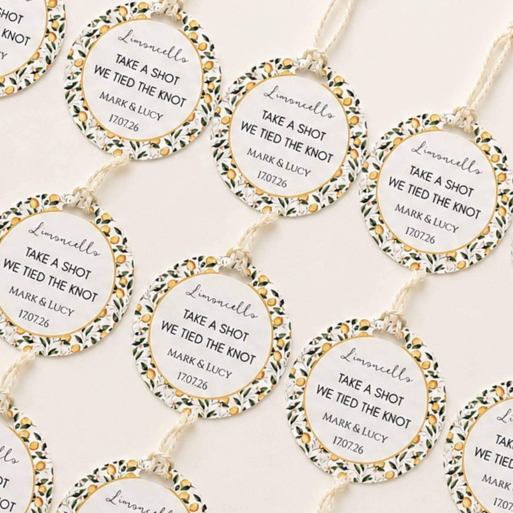 Limoncello Bottle Guest Favour Tags featuring floral design and personalised messages for weddings.