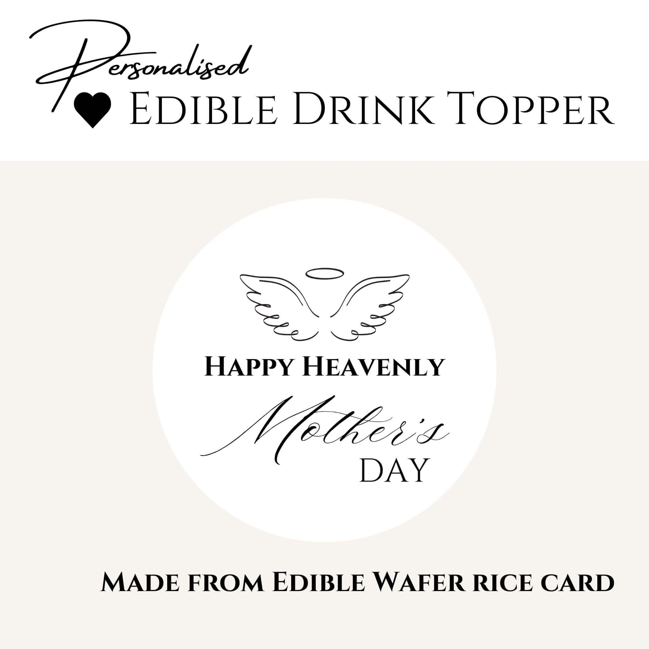 Happy Heavenly Mothers Day Edible Wafer Drink Toppers design featuring angel wings for remembrance.