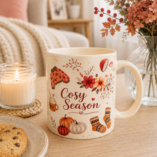 Cosy Season Autumn Drinking Mug with decorative autumn designs, candles, and cookies on a cozy table surface.