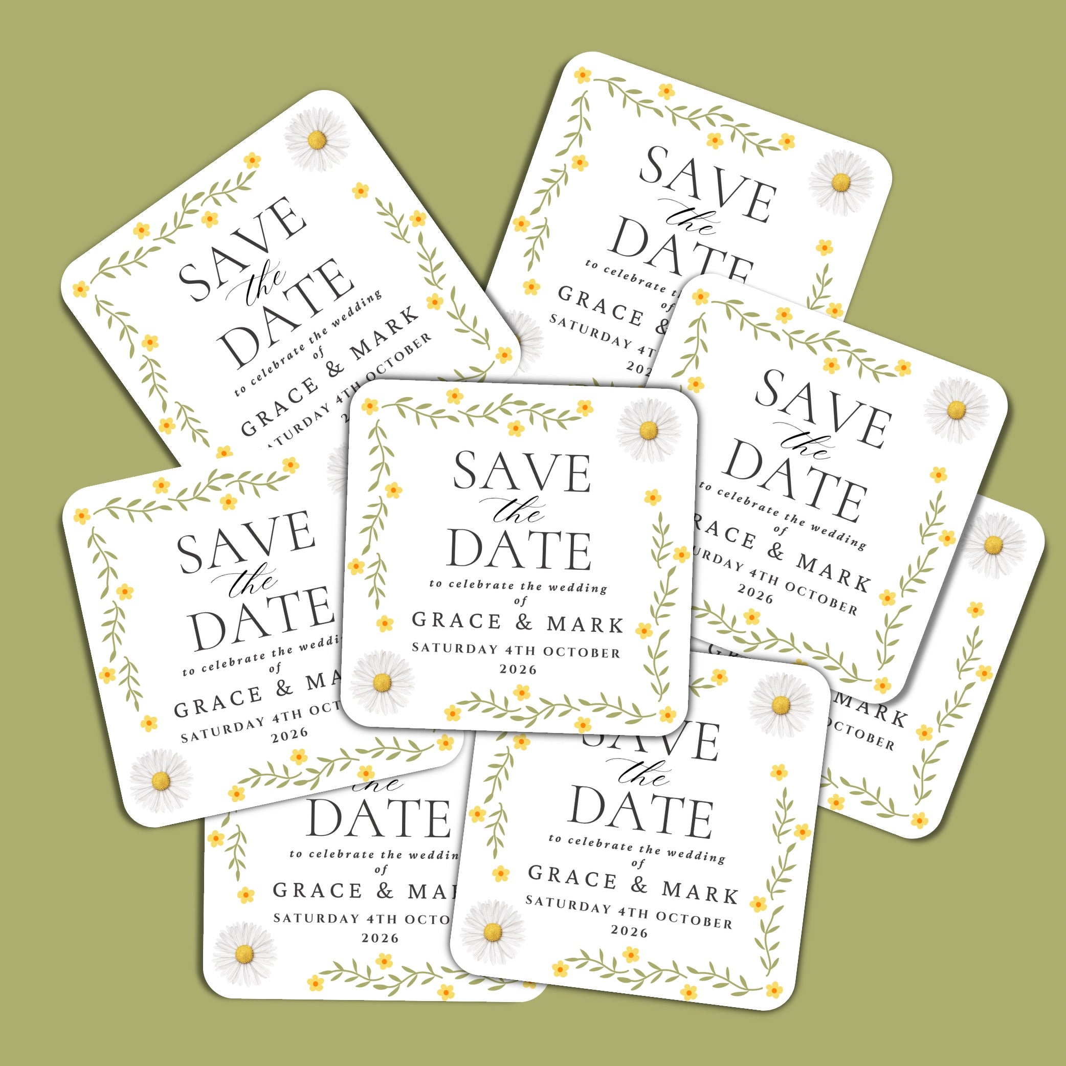 Personalised Save The Date coasters featuring daisy flower design for wedding announcement.