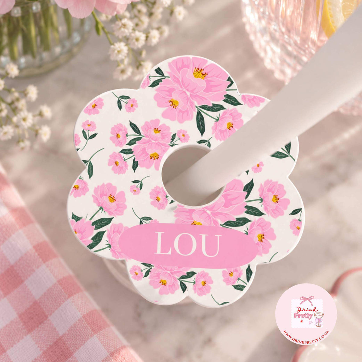 Pink Baby In Bloom Personalised Name Drink identifiers- Pack of 6