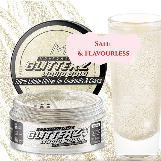Edible Liquid Gold shimmer in a jar beside a drink, perfect for cocktails and cakes, safe and flavourless glitter.